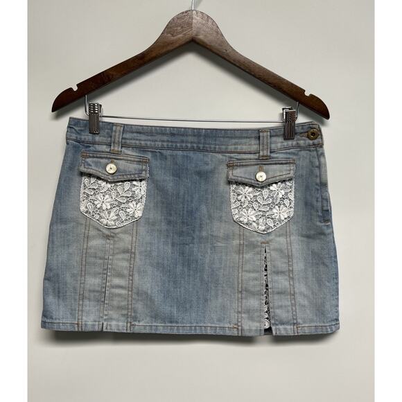 D&G Dolce & Gabbana Italia Vintage Y2K Jean Mini Skirt Sz 30 Lace 2005 Preppy - Picture 1 of 16